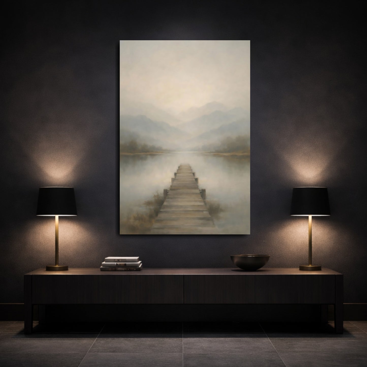 Mockup 2. Nature Lake Pier Misty Lake Pier shown as stretched canvas wall art