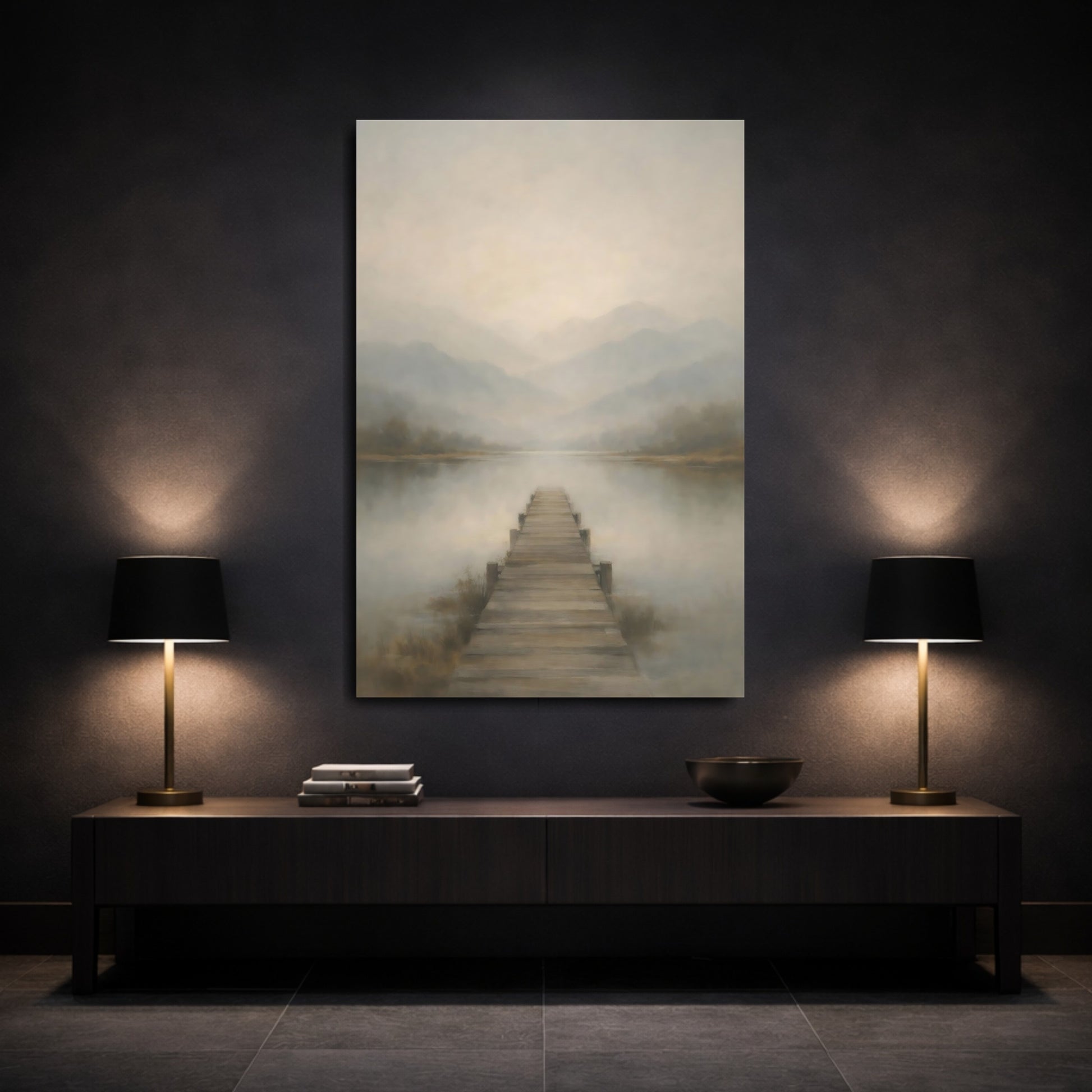 Mockup 2. Nature Lake Pier Misty Lake Pier shown as stretched canvas wall art