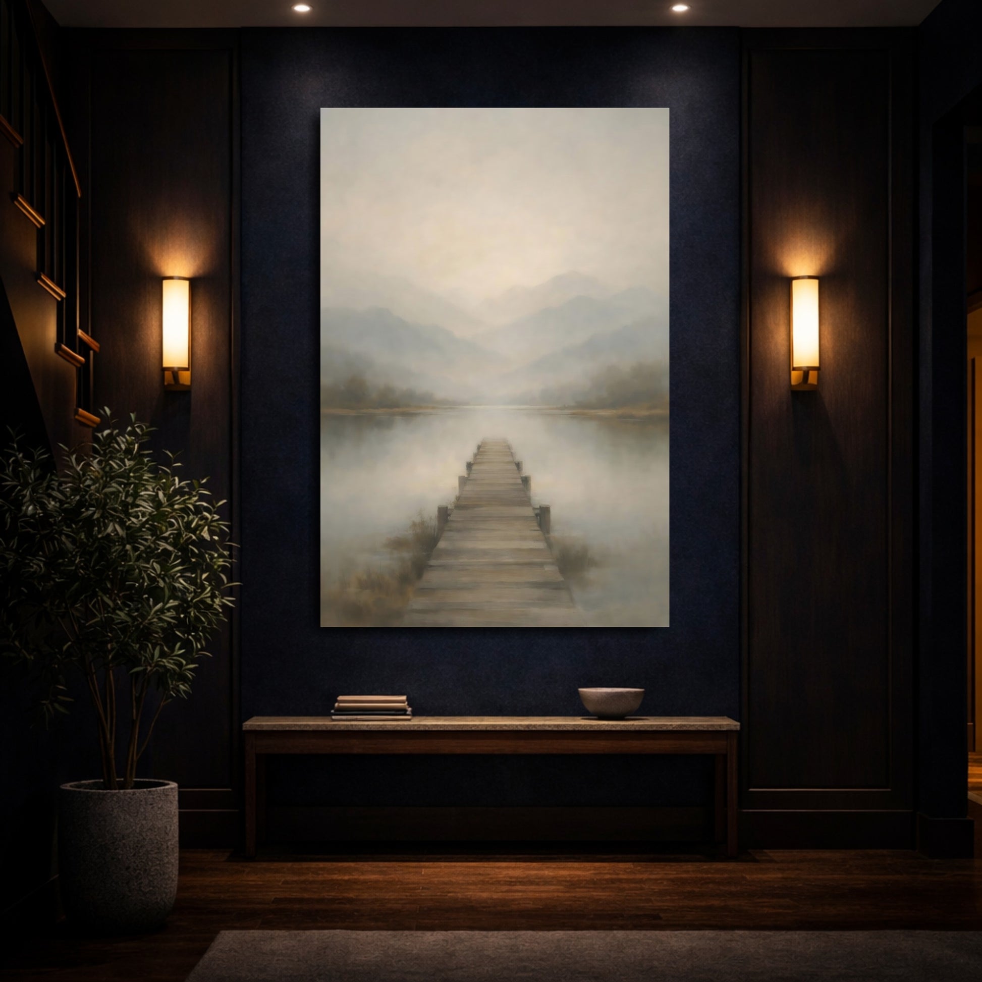 Mockup 3. Nature Lake Pier Misty Lake Pier shown as stretched canvas wall art