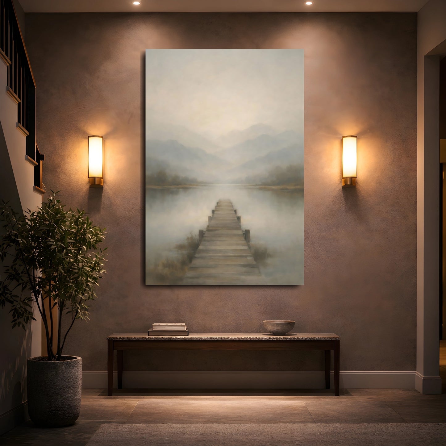Mockup 4. Nature Lake Pier Misty Lake Pier shown as stretched canvas wall art