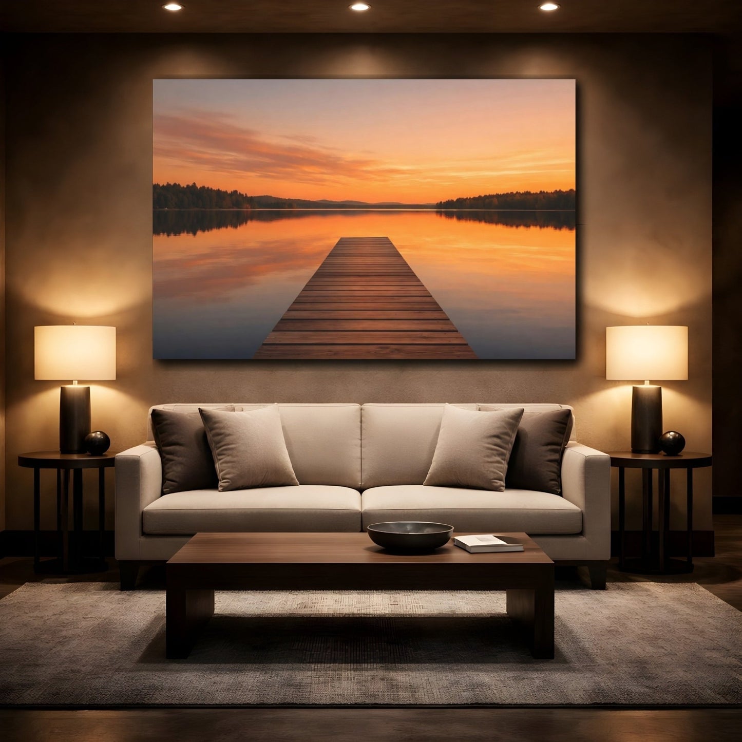 Nature Lake Pier Orange Sunset - Canvas Wall Art Print - YesArtYes