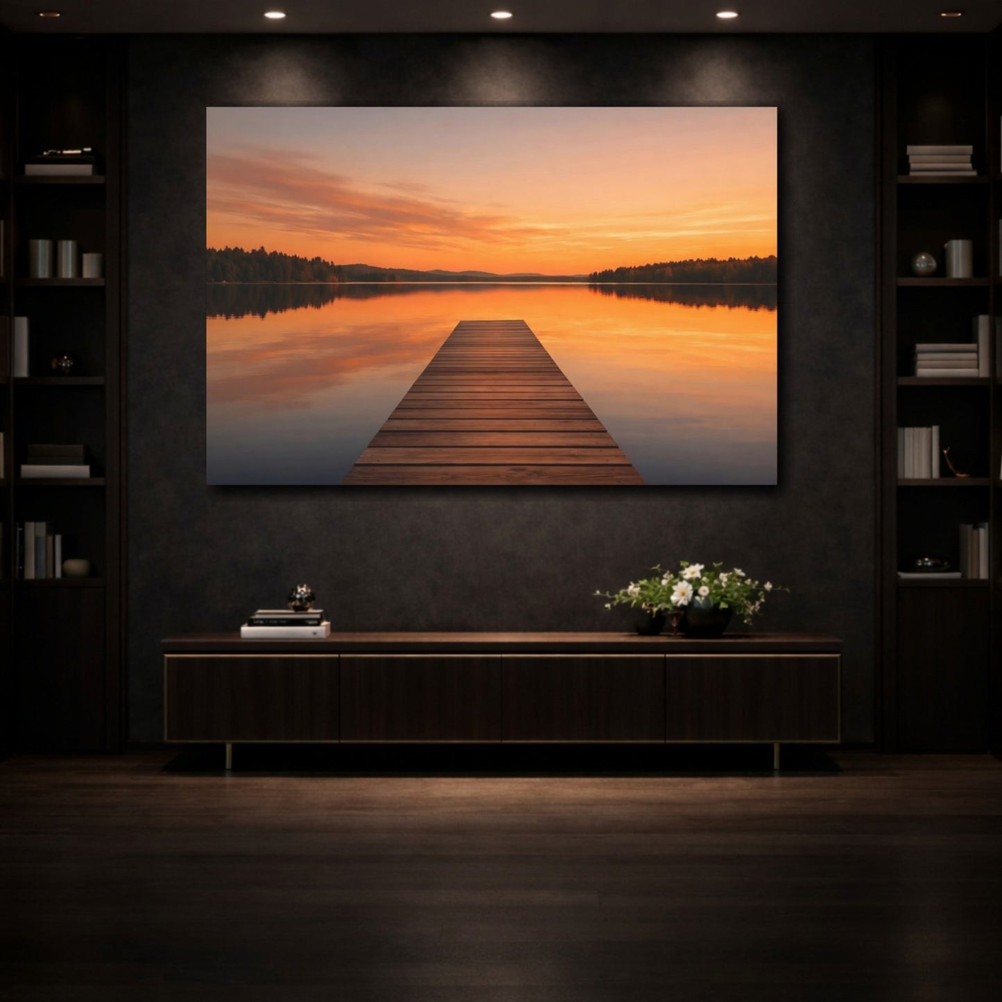 Nature Lake Pier Orange Sunset - Canvas Wall Art Print - YesArtYes