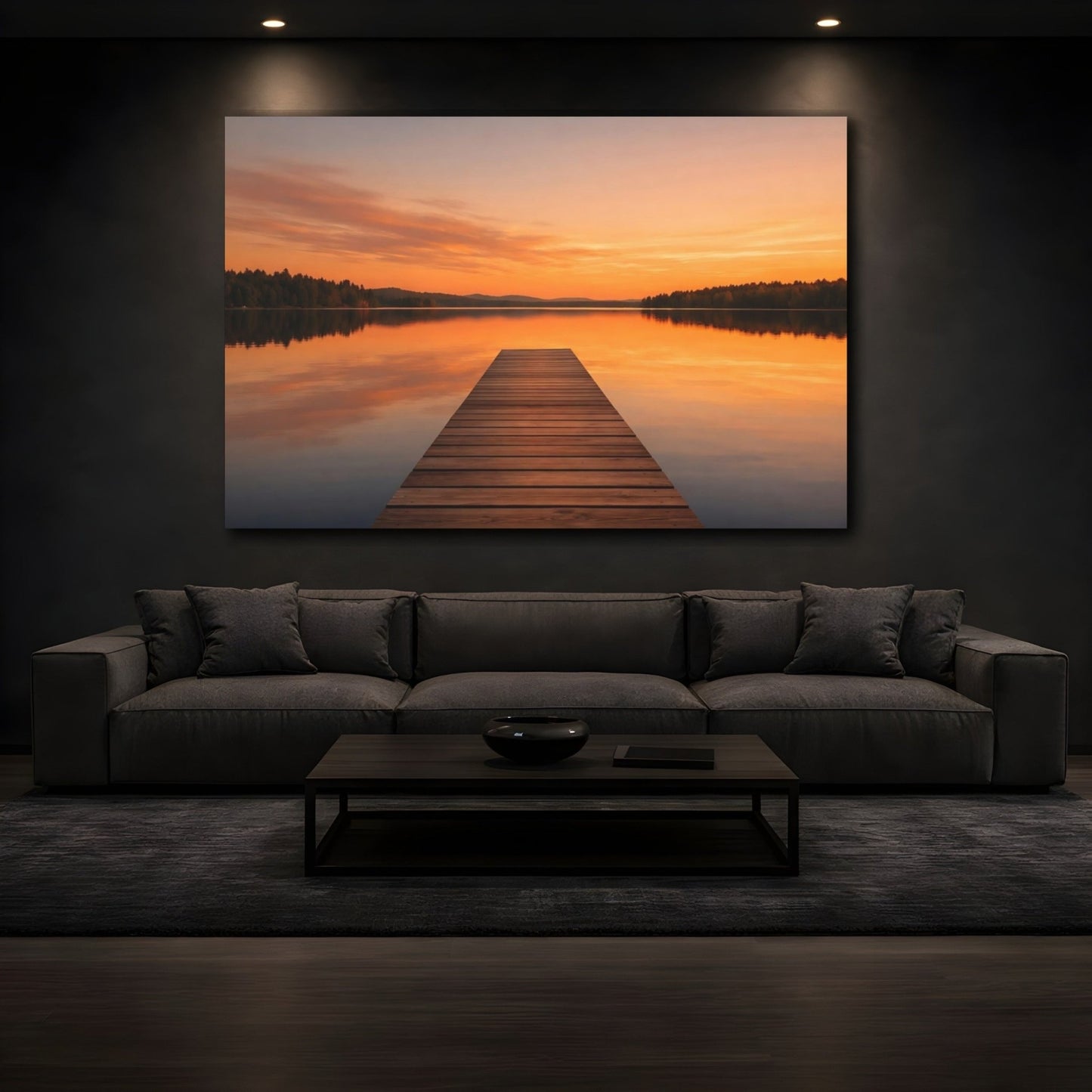 Nature Lake Pier Orange Sunset - Canvas Wall Art Print - YesArtYes