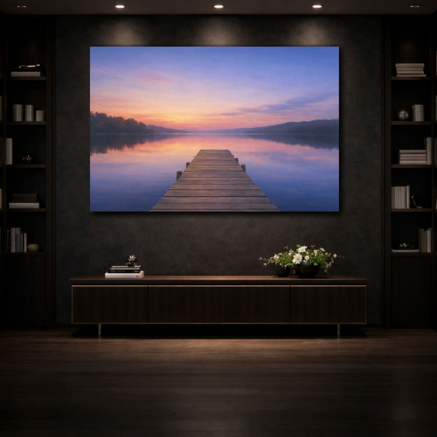 Mockup 4. Nature Lake Pier Pastel Lake Pier shown as stretched canvas wall art