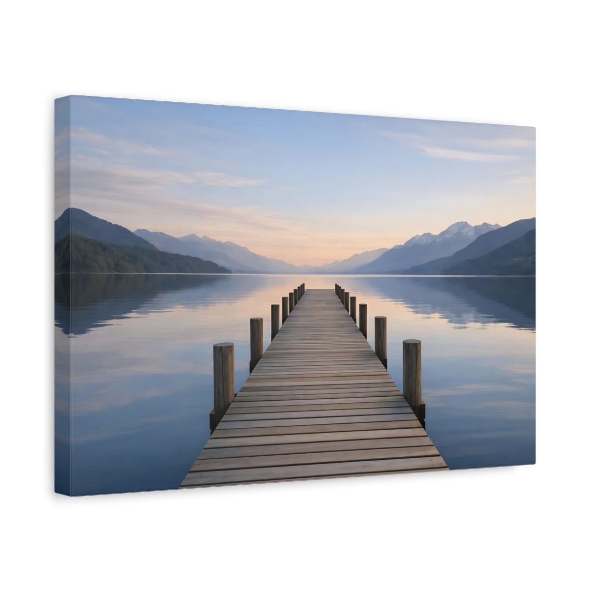 Side Mockup 4. Nature Lake Pier Lake Pier Serenity shown as stretched canvas wall art