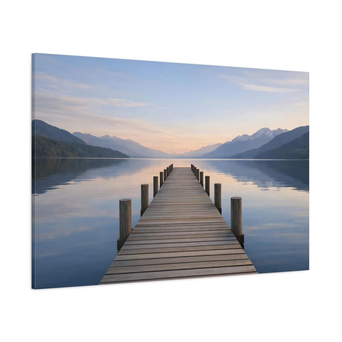 Side Mockup 1. Nature Lake Pier Lake Pier Serenity shown as stretched canvas wall art
