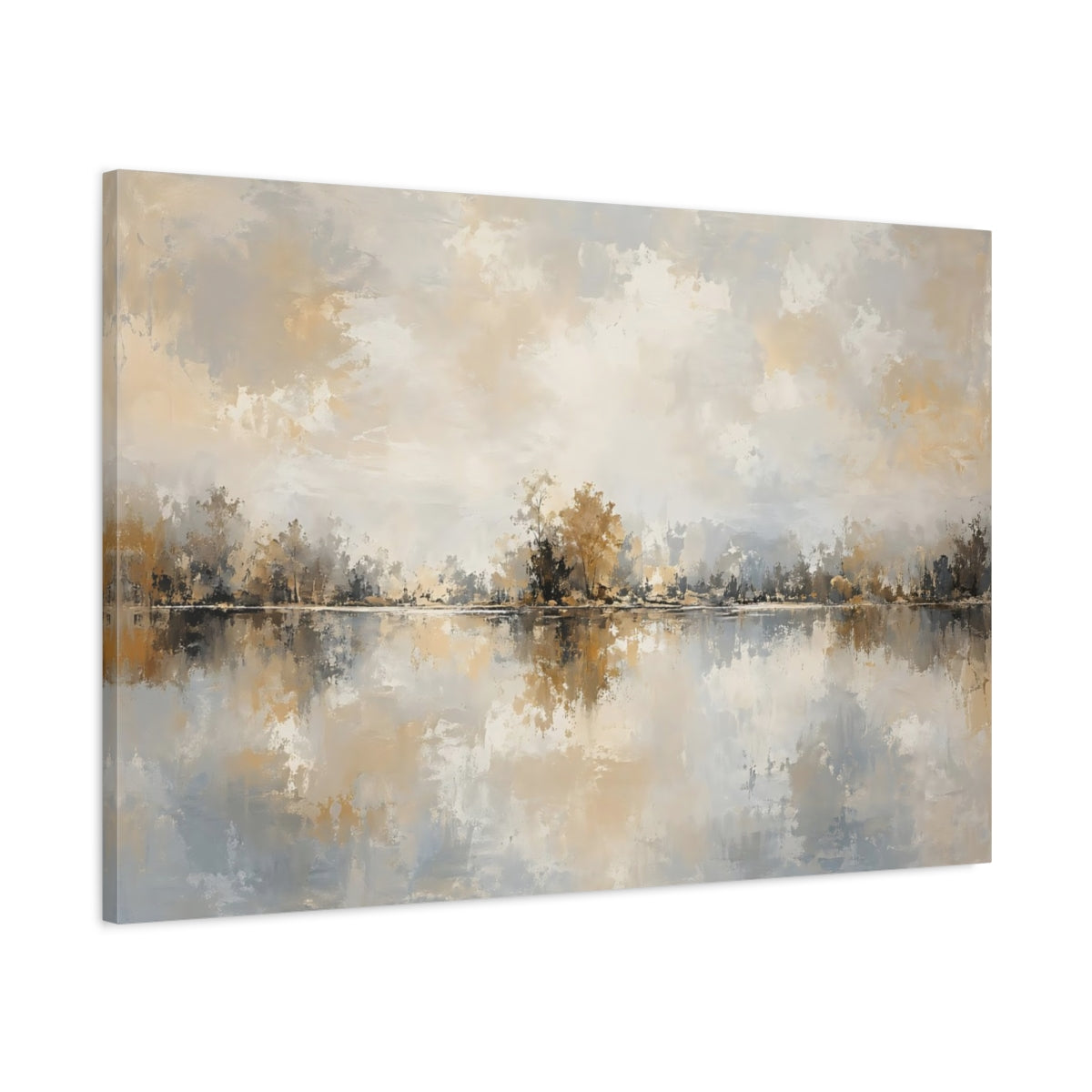 Main Mockup. Nature Lake Reflection Brown Grey Landscape shown as stretched canvas wall art