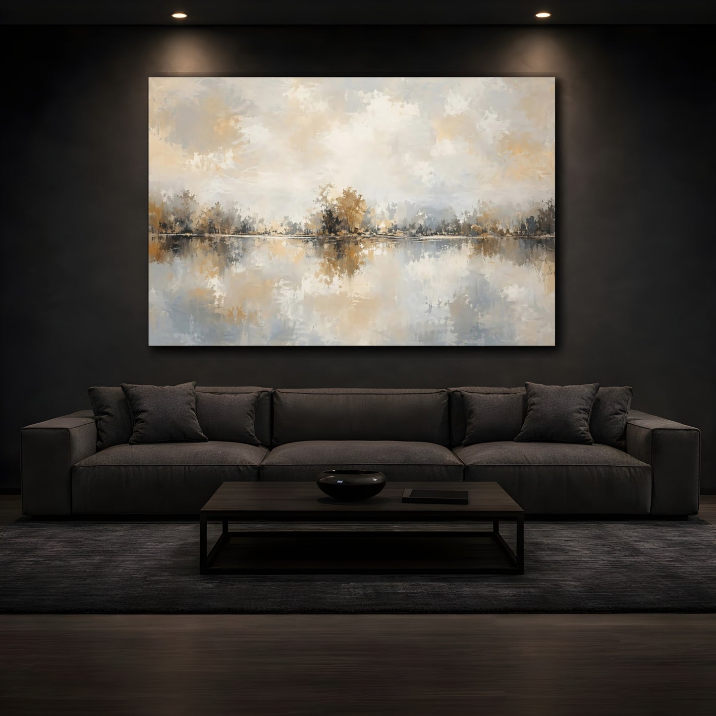 Mockup 4. Nature Lake Reflection Brown Grey Landscape shown as stretched canvas wall art