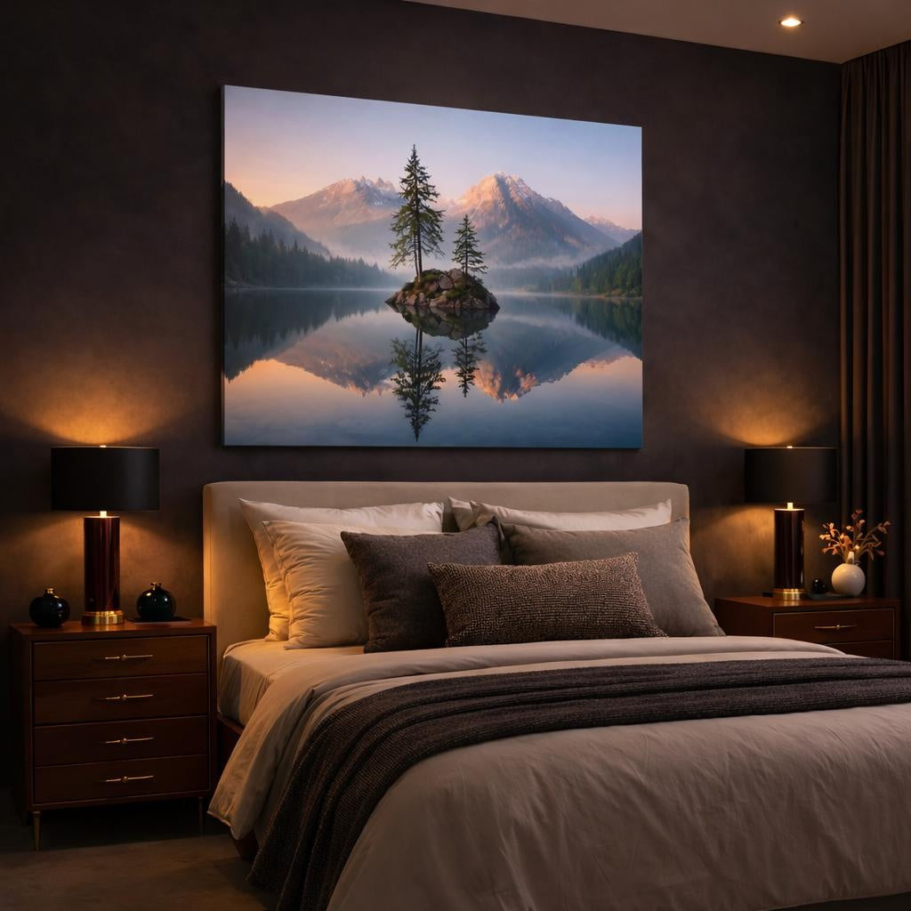 Nature Lake Reflection shown as canvas wall art in a luxury bedroom