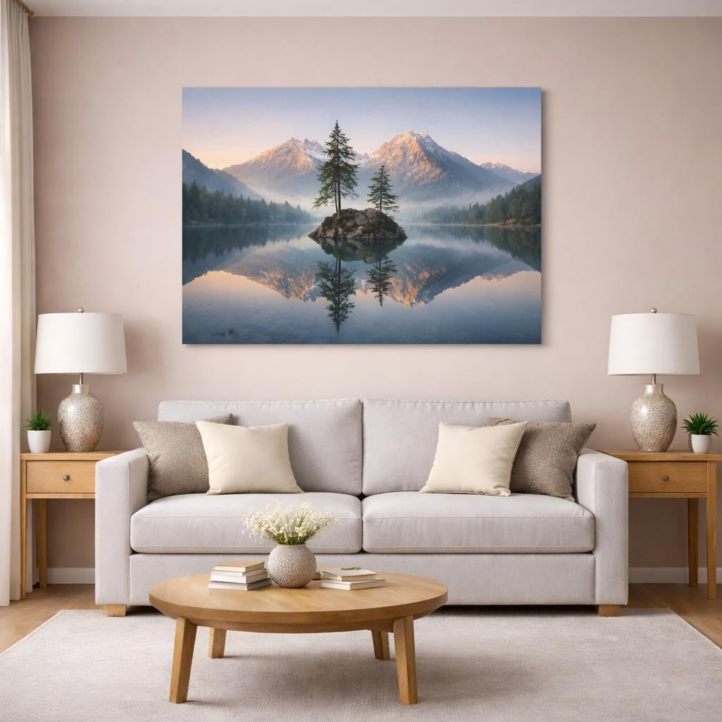 Nature Lake Reflection shown as canvas wall art in a modern living room