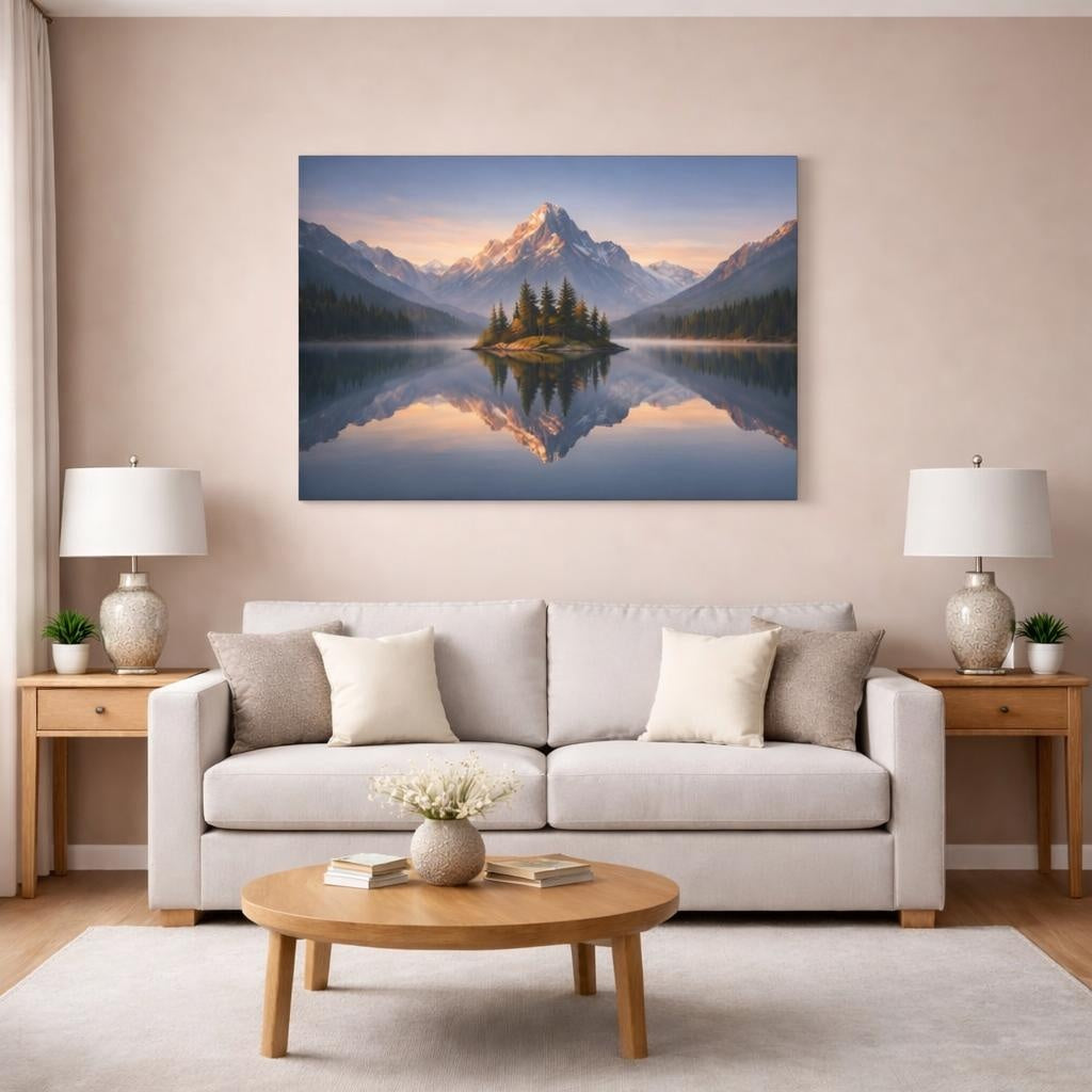 Nature Lake Reflection shown as canvas wall art in a modern living room