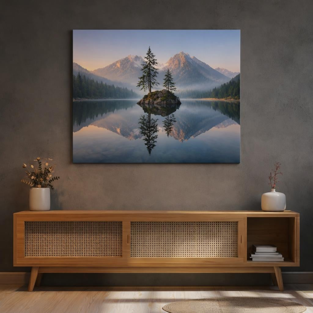 Nature Lake Reflection shown as canvas wall art in a refined dining room