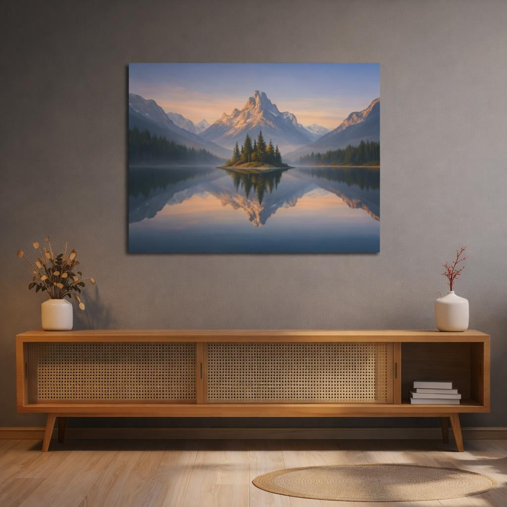 Nature Lake Reflection shown as canvas wall art in a refined dining room
