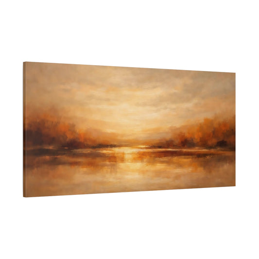 Main Mockup. Nature Lake Reflection Golden Landscape shown as stretched canvas wall art