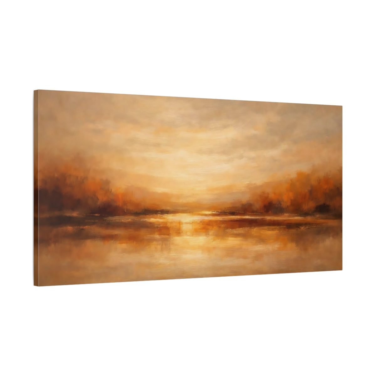 Side Mockup 1. Nature Lake Reflection Golden Landscape shown as stretched canvas wall art