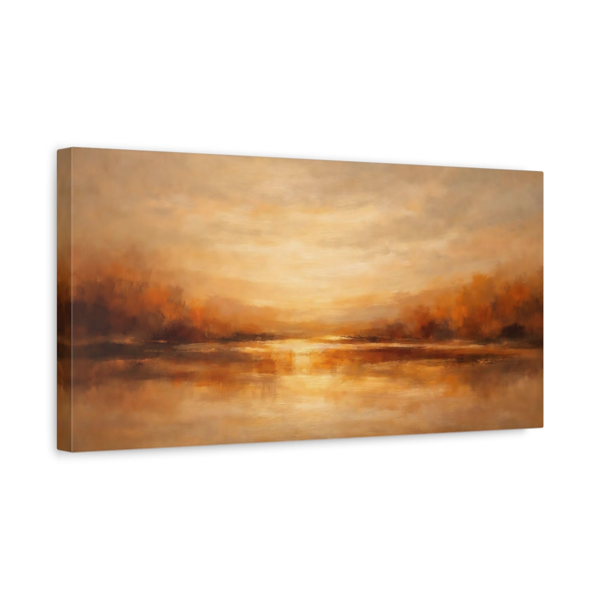Side Mockup 3. Nature Lake Reflection Golden Landscape shown as stretched canvas wall art