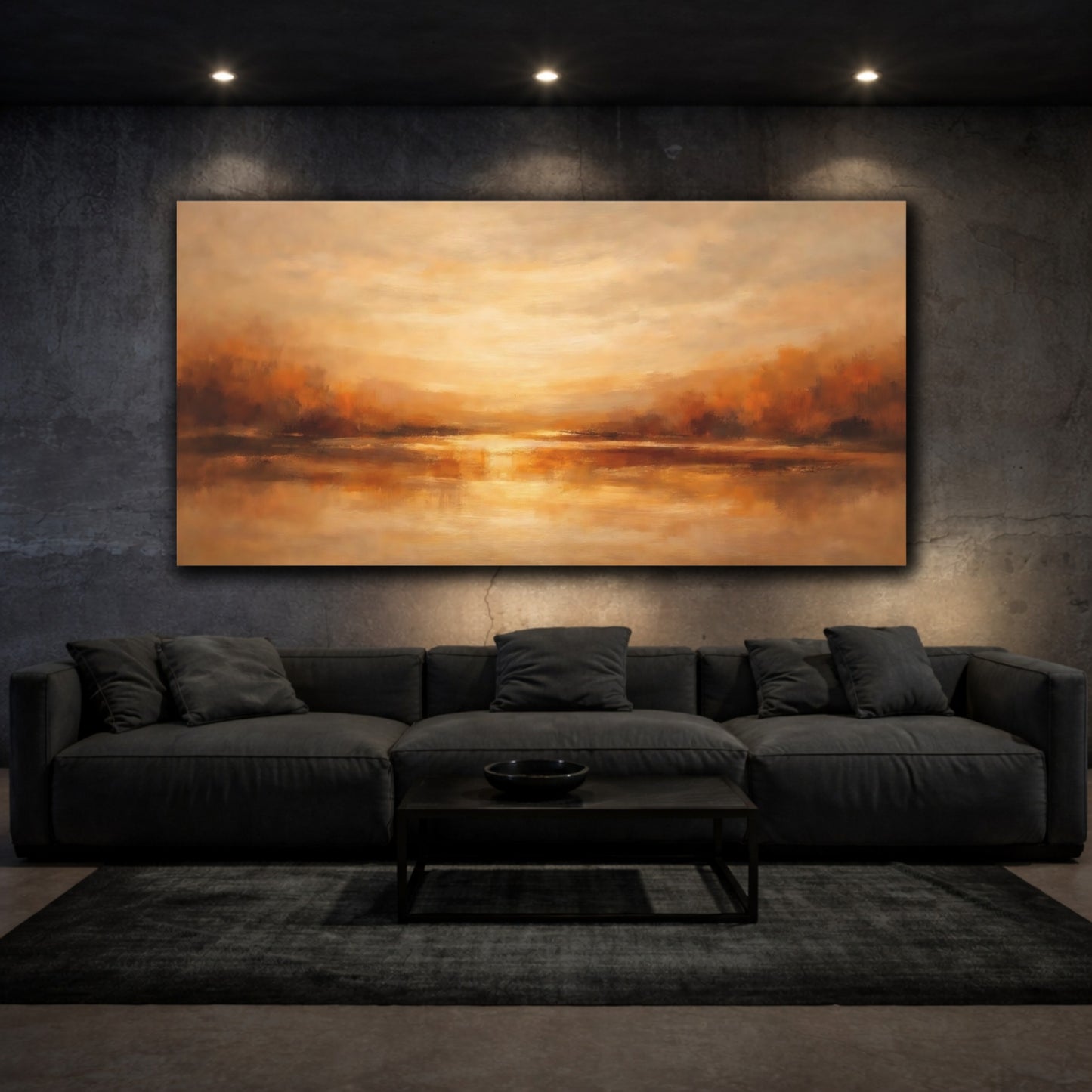 Mockup 2. Nature Lake Reflection Golden Landscape shown as stretched canvas wall art