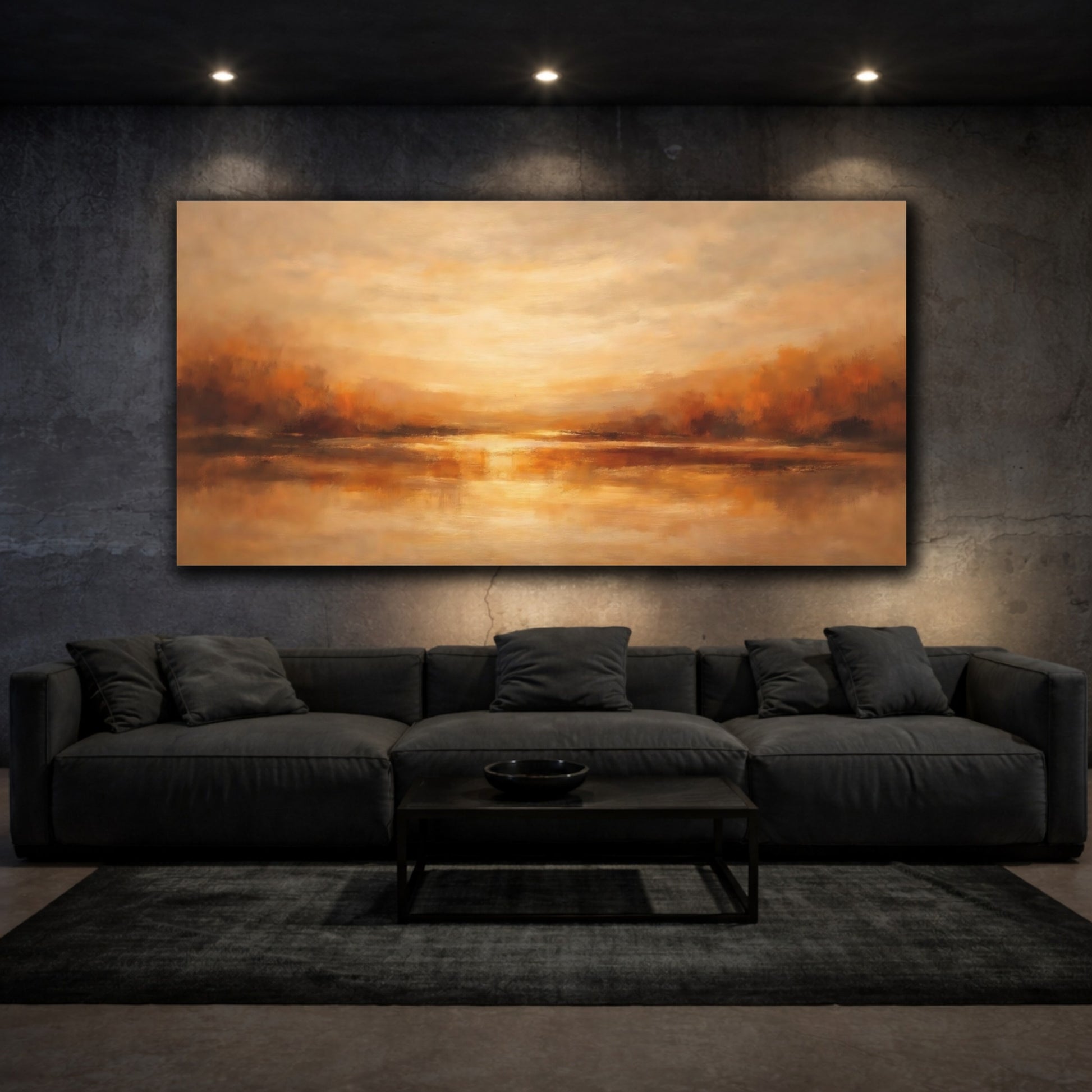 Mockup 2. Nature Lake Reflection Golden Landscape shown as stretched canvas wall art