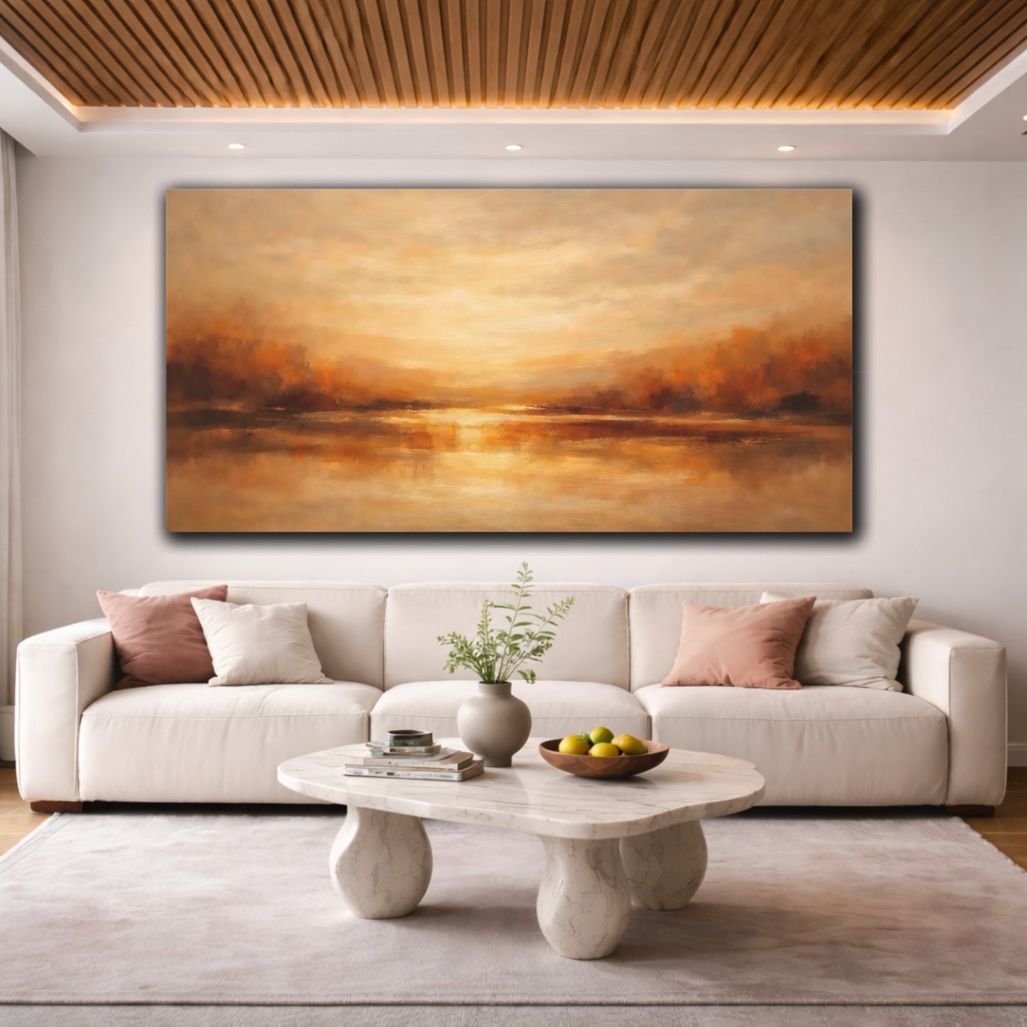 Mockup 3. Nature Lake Reflection Golden Landscape shown as stretched canvas wall art