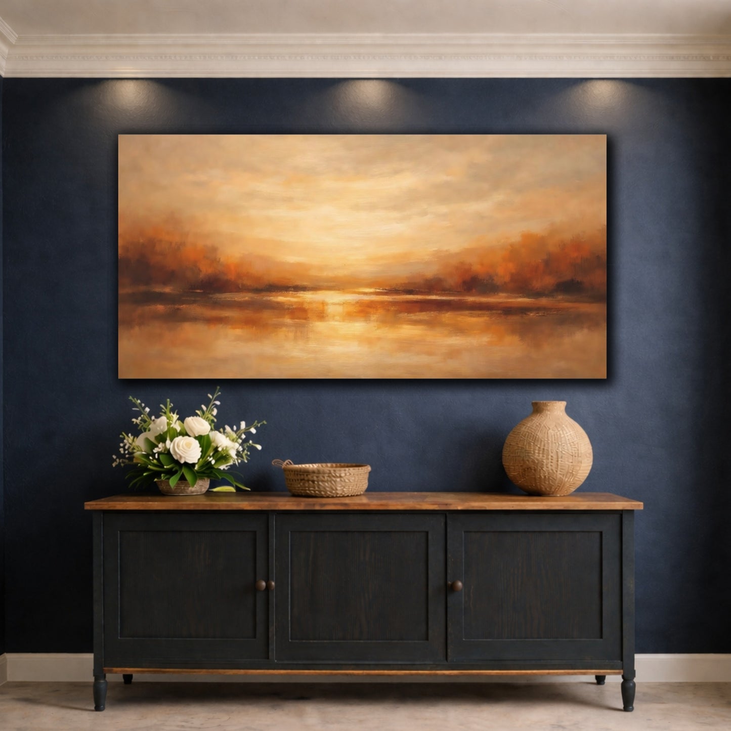 Mockup 4. Nature Lake Reflection Golden Landscape shown as stretched canvas wall art