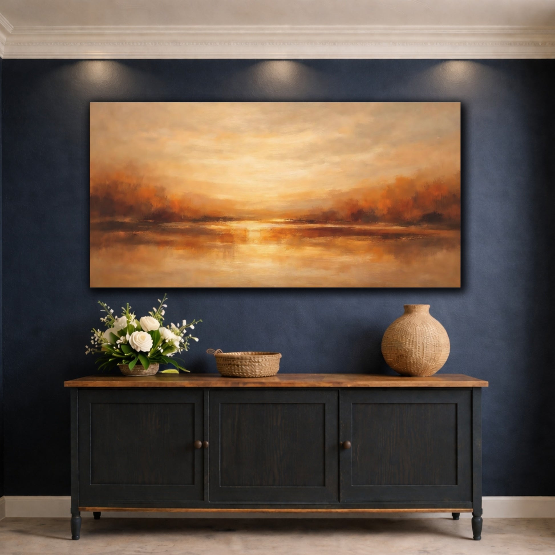 Mockup 4. Nature Lake Reflection Golden Landscape shown as stretched canvas wall art