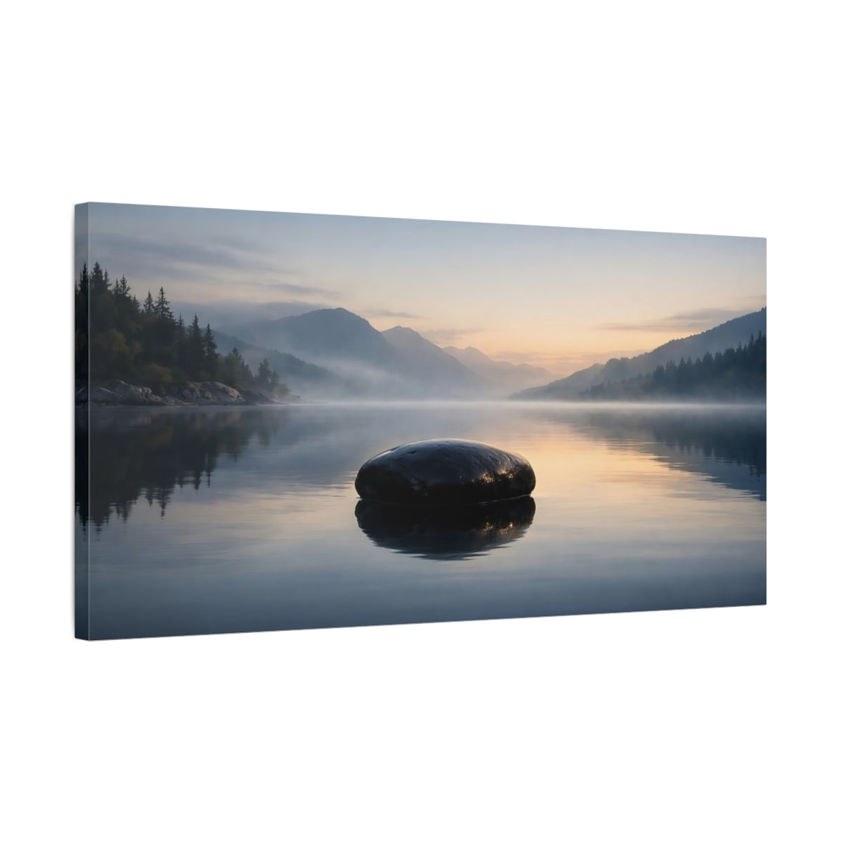 Side Mockup 2. Nature Lake Rock Misty Lake Rock shown as stretched canvas wall art