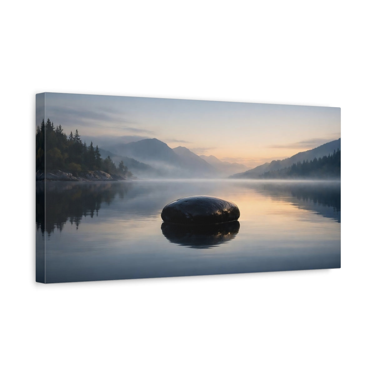 Side Mockup 3. Nature Lake Rock Misty Lake Rock shown as stretched canvas wall art
