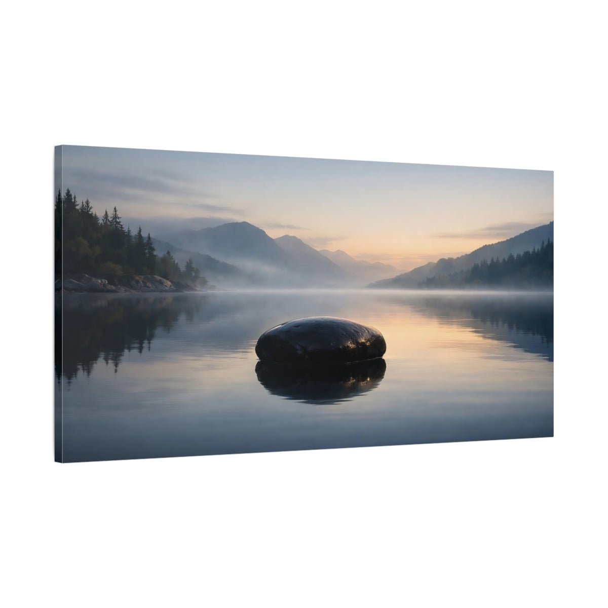 Side Mockup 1. Nature Lake Rock Misty Lake Rock shown as stretched canvas wall art