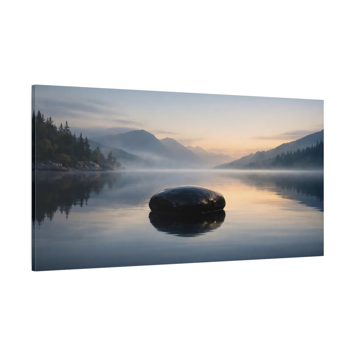 Main Mockup. Nature Lake Rock Misty Lake Rock shown as stretched canvas wall art