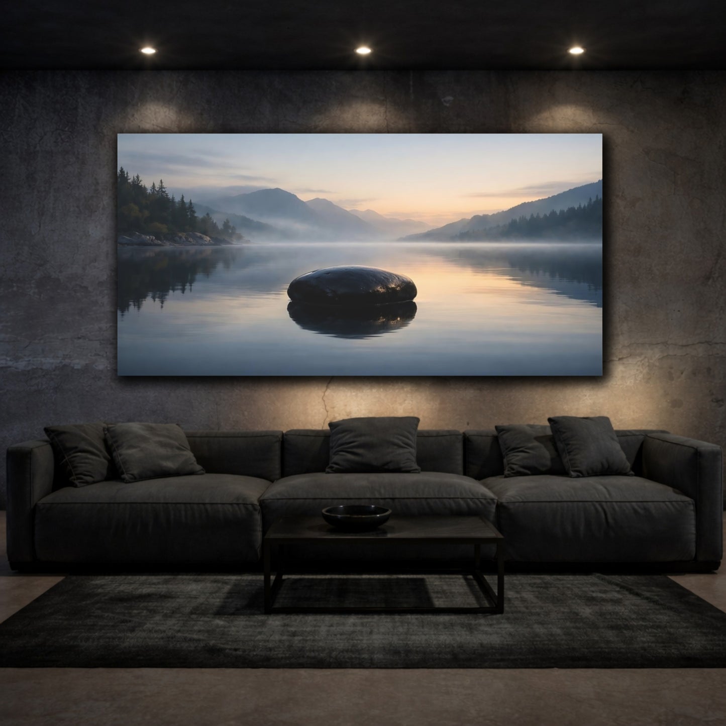 Mockup 2. Nature Lake Rock Misty Lake Rock shown as stretched canvas wall art