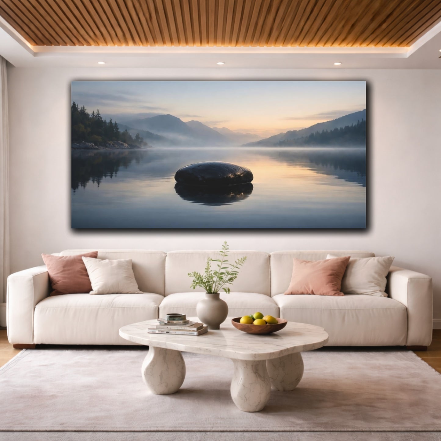 Mockup 3. Nature Lake Rock Misty Lake Rock shown as stretched canvas wall art
