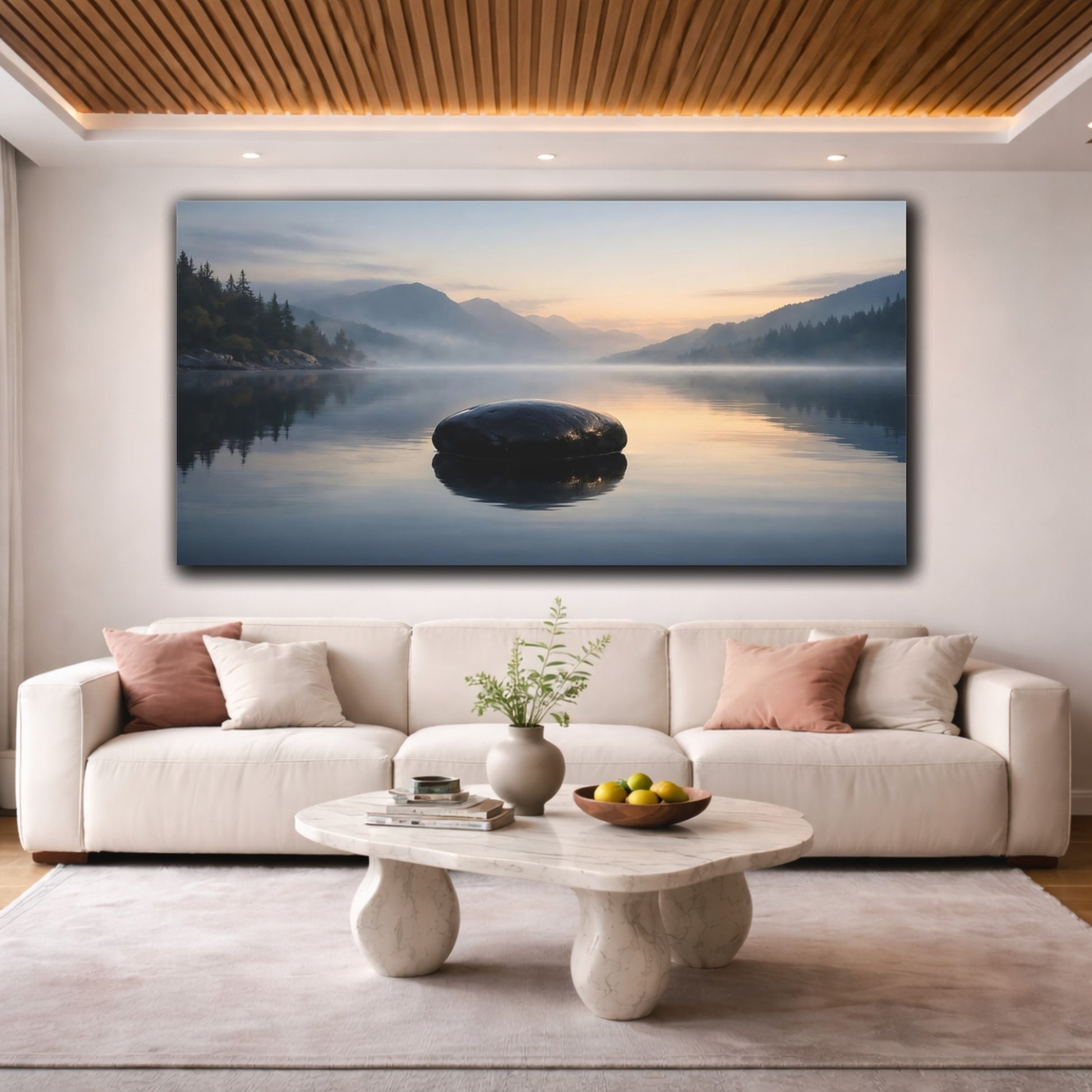 Mockup 3. Nature Lake Rock Misty Lake Rock shown as stretched canvas wall art