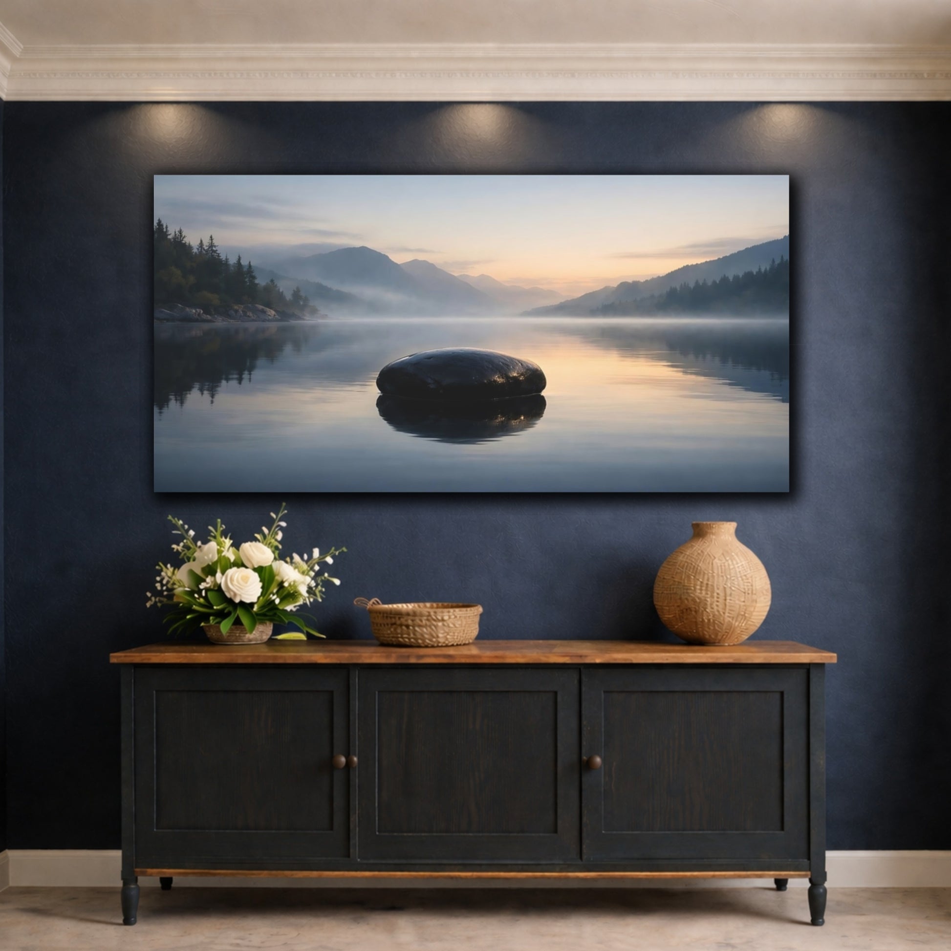 Mockup 4. Nature Lake Rock Misty Lake Rock shown as stretched canvas wall art