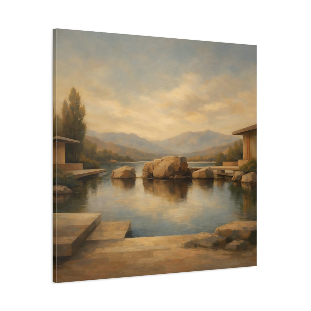 Main Mockup. Nature Lake Rocks Brown And Blue Lake shown as stretched canvas wall art