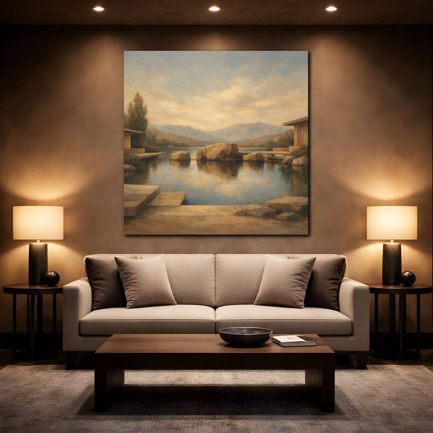 Mockup 2. Nature Lake Rocks Brown And Blue Lake shown as stretched canvas wall art