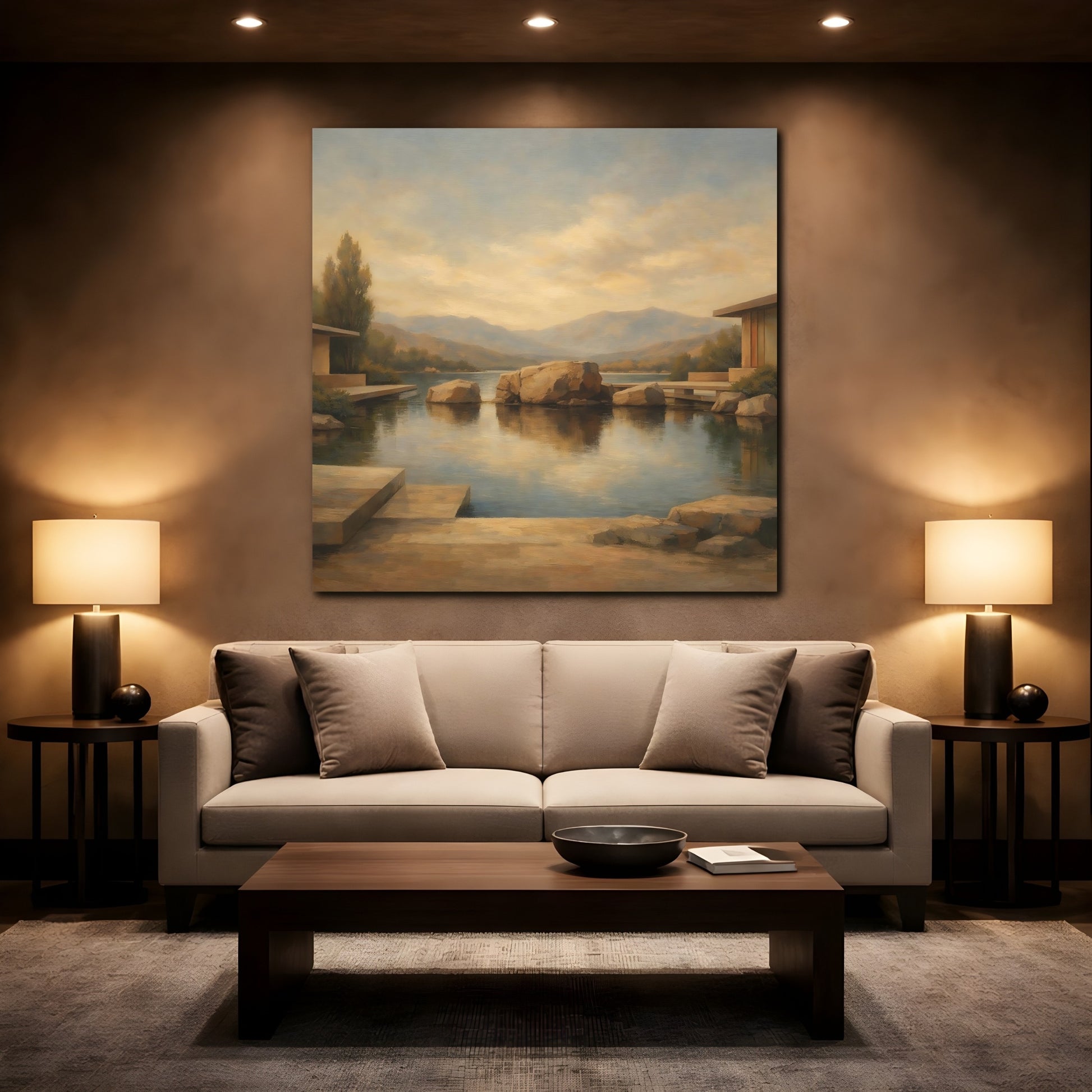 Mockup 2. Nature Lake Rocks Brown And Blue Lake shown as stretched canvas wall art