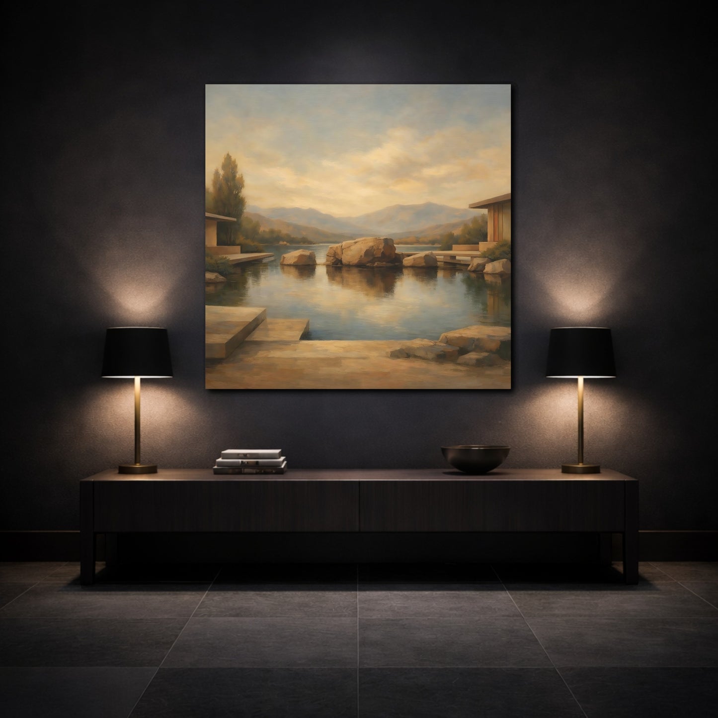 Mockup 3. Nature Lake Rocks Brown And Blue Lake shown as stretched canvas wall art