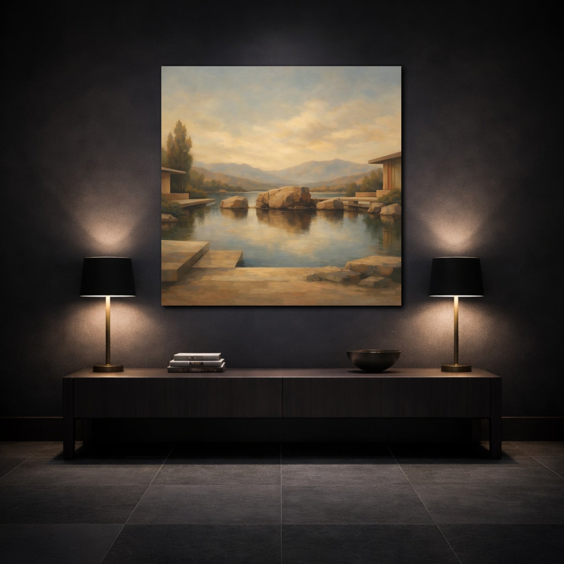 Mockup 3. Nature Lake Rocks Brown And Blue Lake shown as stretched canvas wall art