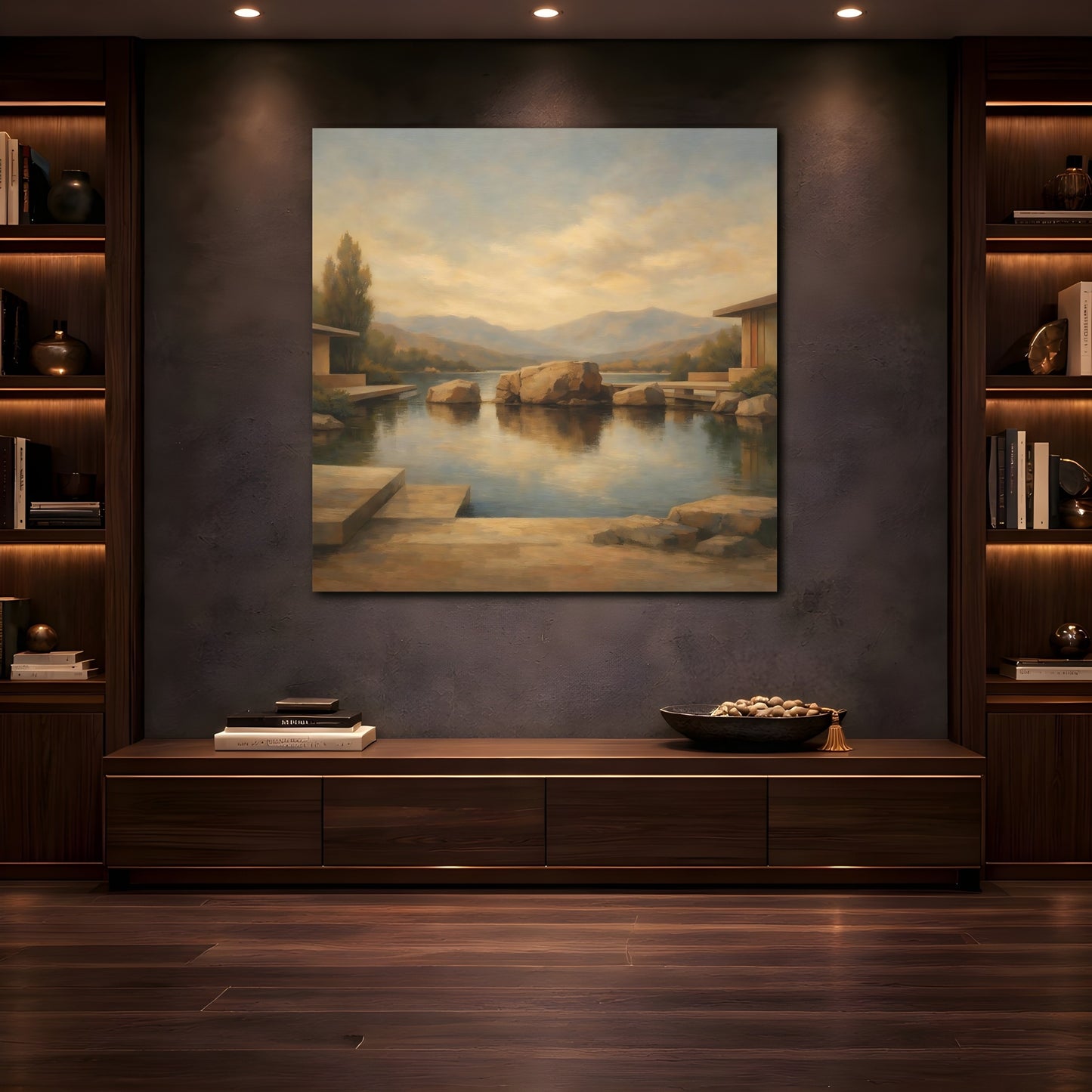 Mockup 4. Nature Lake Rocks Brown And Blue Lake shown as stretched canvas wall art