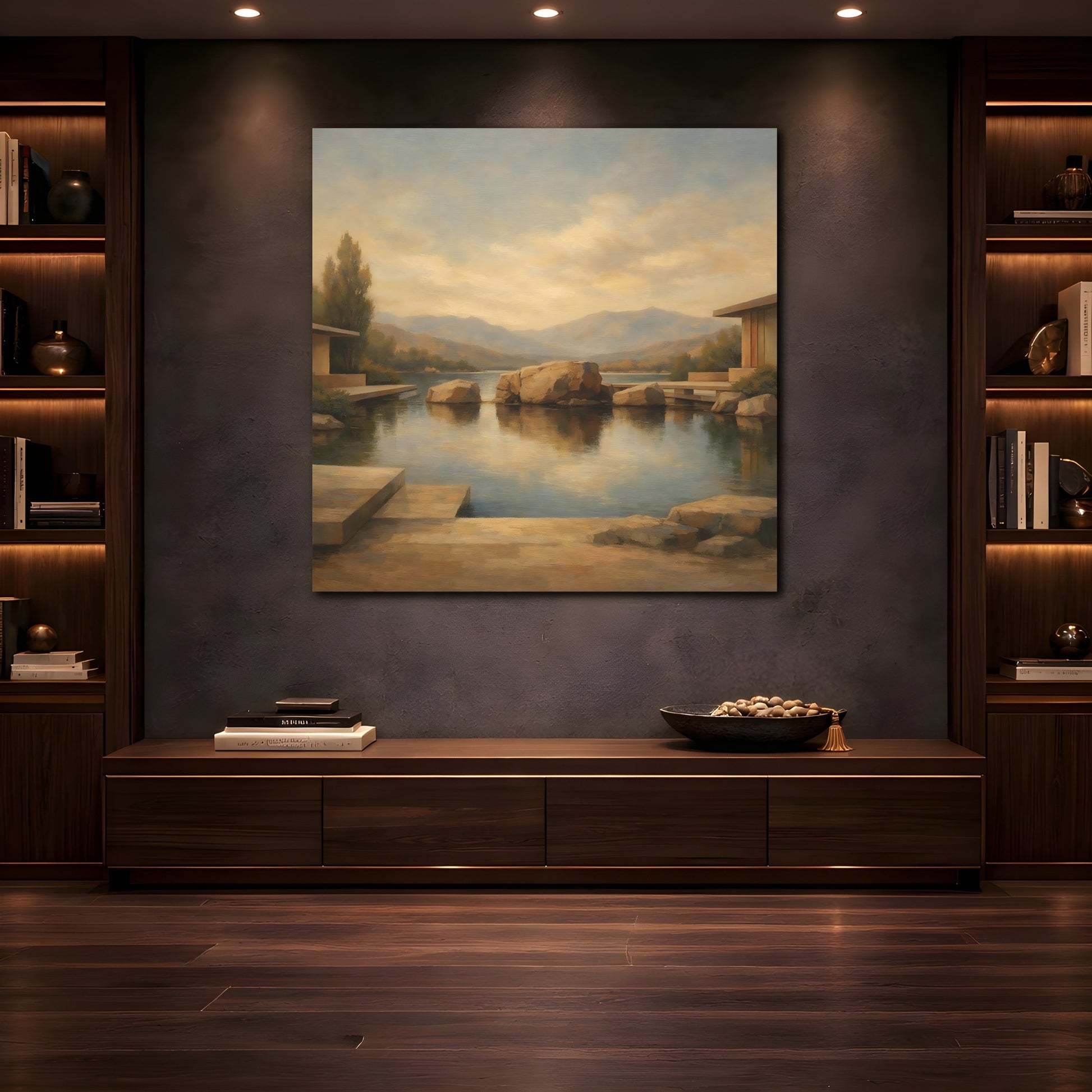 Mockup 4. Nature Lake Rocks Brown And Blue Lake shown as stretched canvas wall art