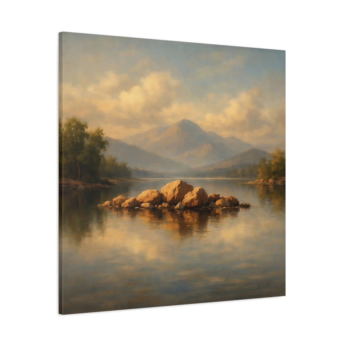 Main Mockup. Nature Lake Rocks Golden Lake Landscape shown as stretched canvas wall art