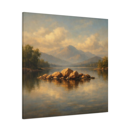 Main Mockup. Nature Lake Rocks Golden Lake Landscape shown as stretched canvas wall art