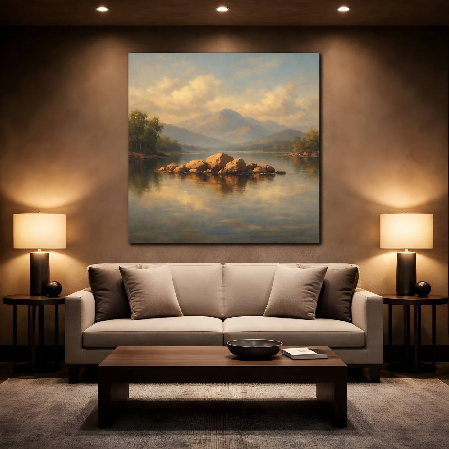 Mockup 2. Nature Lake Rocks Golden Lake Landscape shown as stretched canvas wall art
