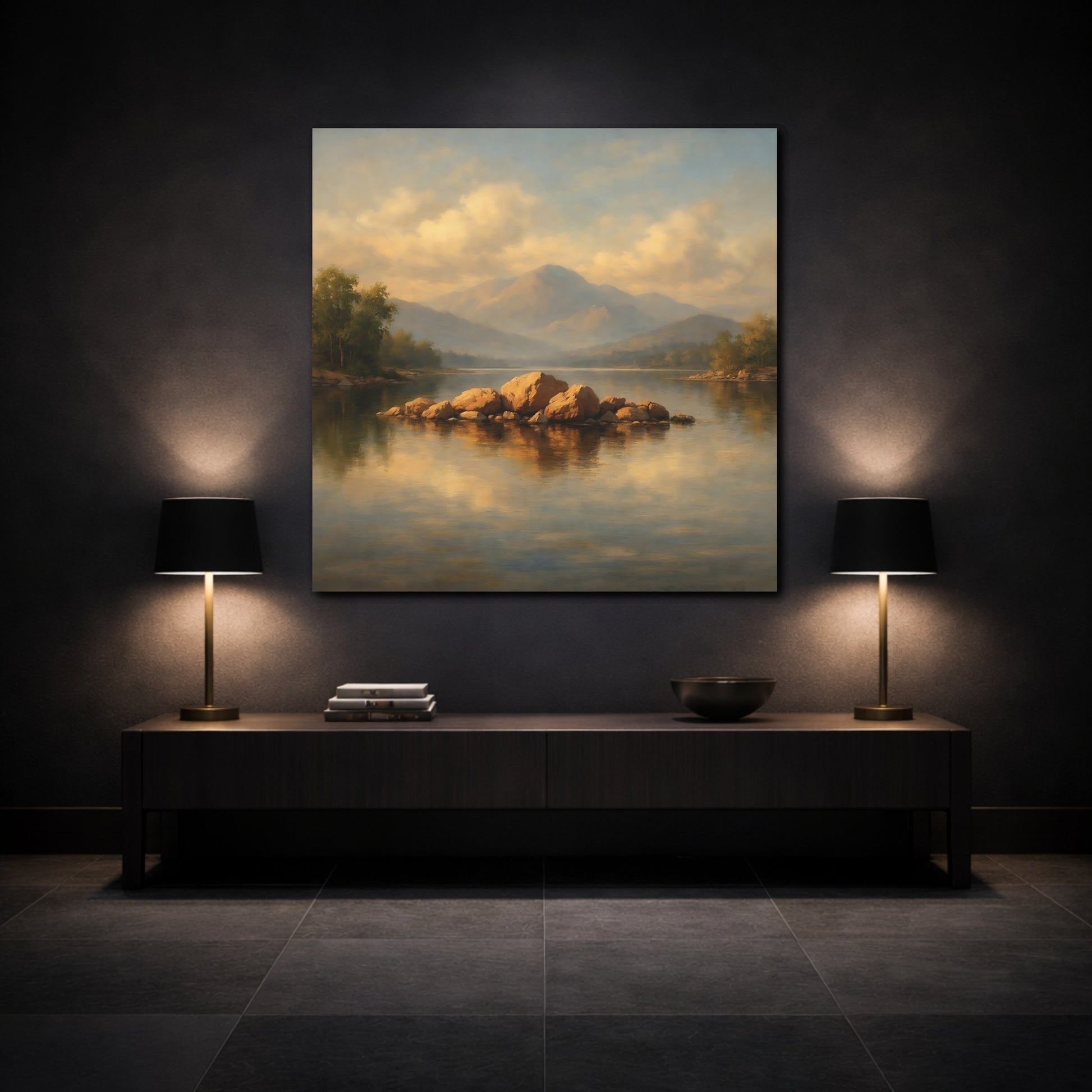 Mockup 3. Nature Lake Rocks Golden Lake Landscape shown as stretched canvas wall art