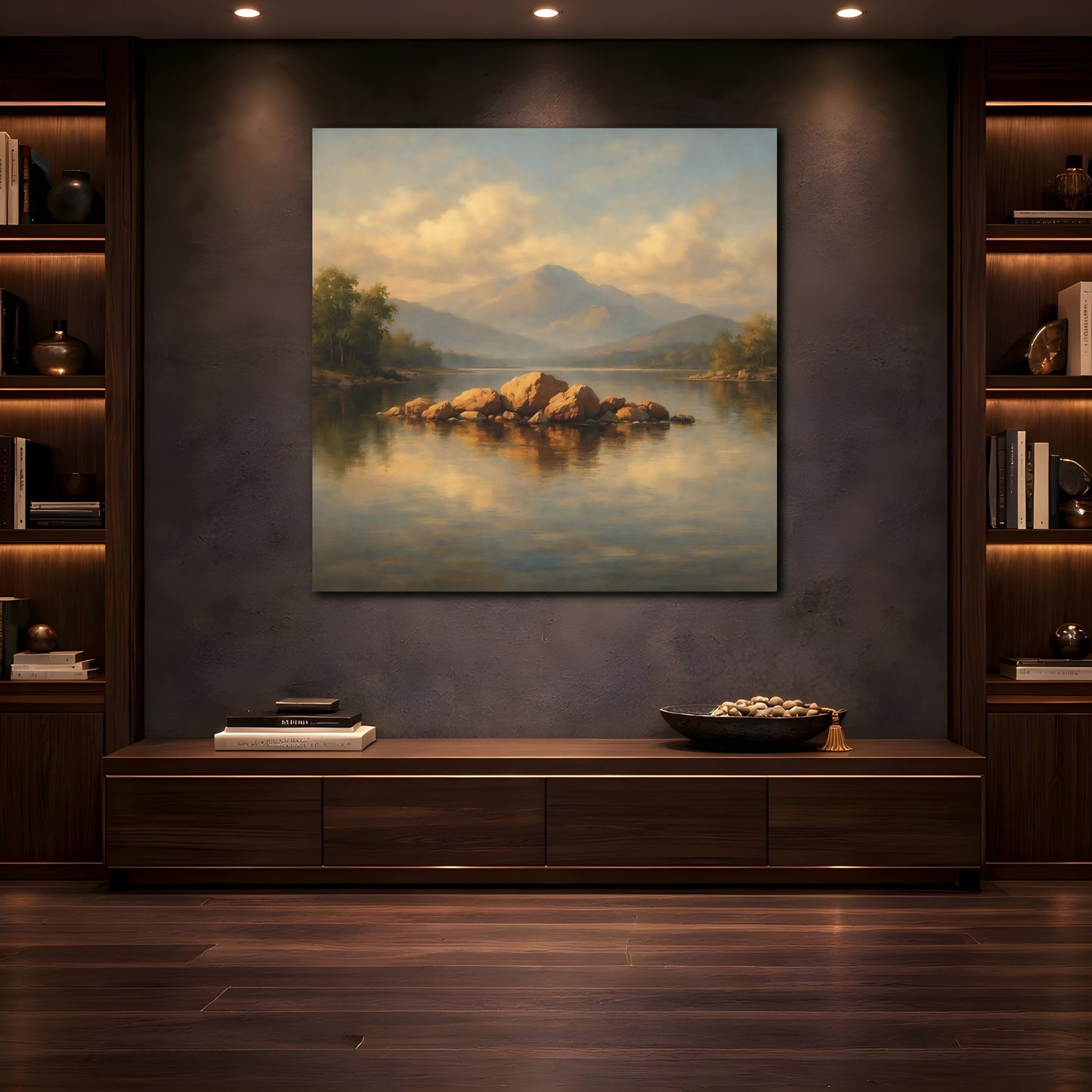 Mockup 4. Nature Lake Rocks Golden Lake Landscape shown as stretched canvas wall art