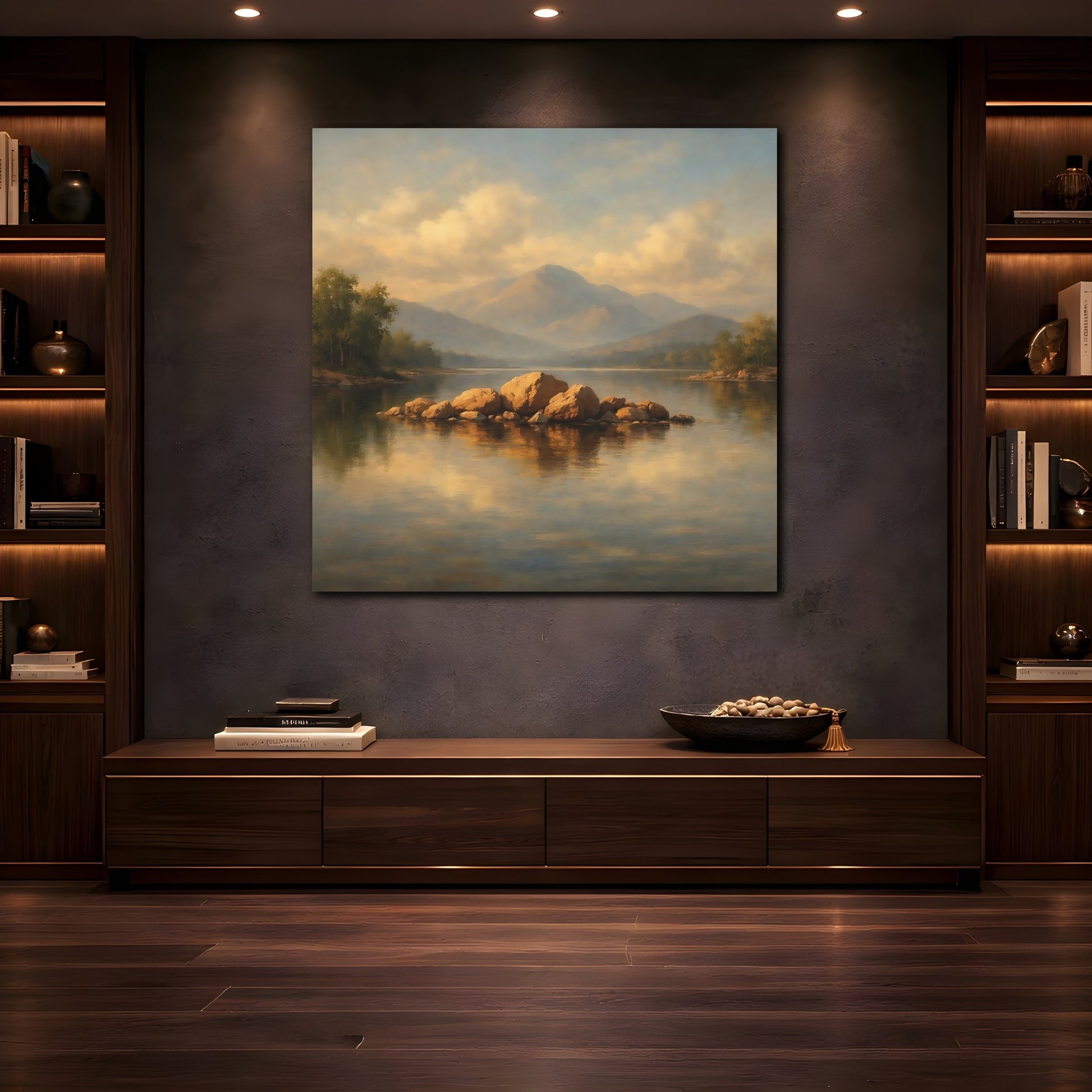 Mockup 4. Nature Lake Rocks Golden Lake Landscape shown as stretched canvas wall art