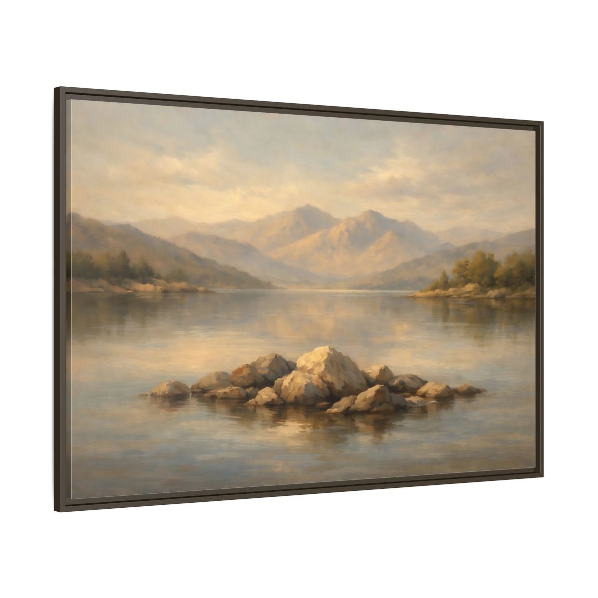 Main Mockup. Nature Lake Rocks Muted Landscape shown as stretched canvas wall art