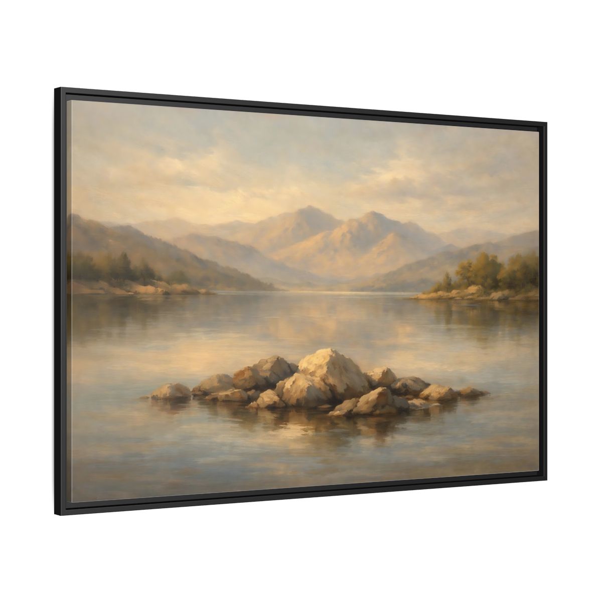 Side Mockup 12. Nature Lake Rocks Muted Landscape shown as stretched canvas wall art