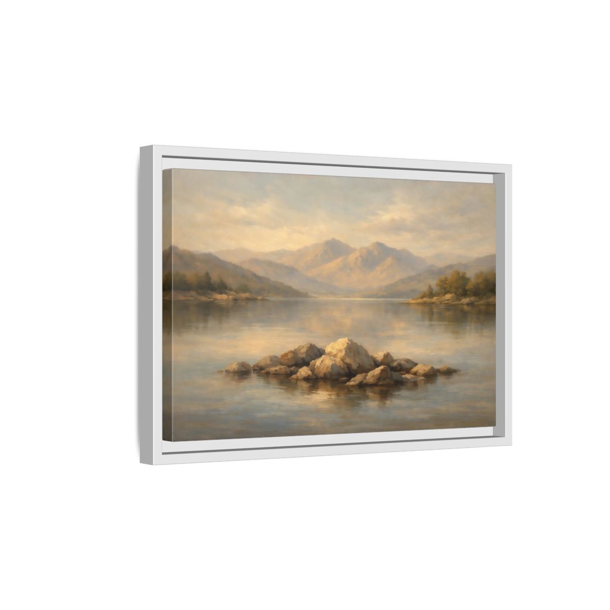Side Mockup 4. Nature Lake Rocks Muted Landscape shown as stretched canvas wall art