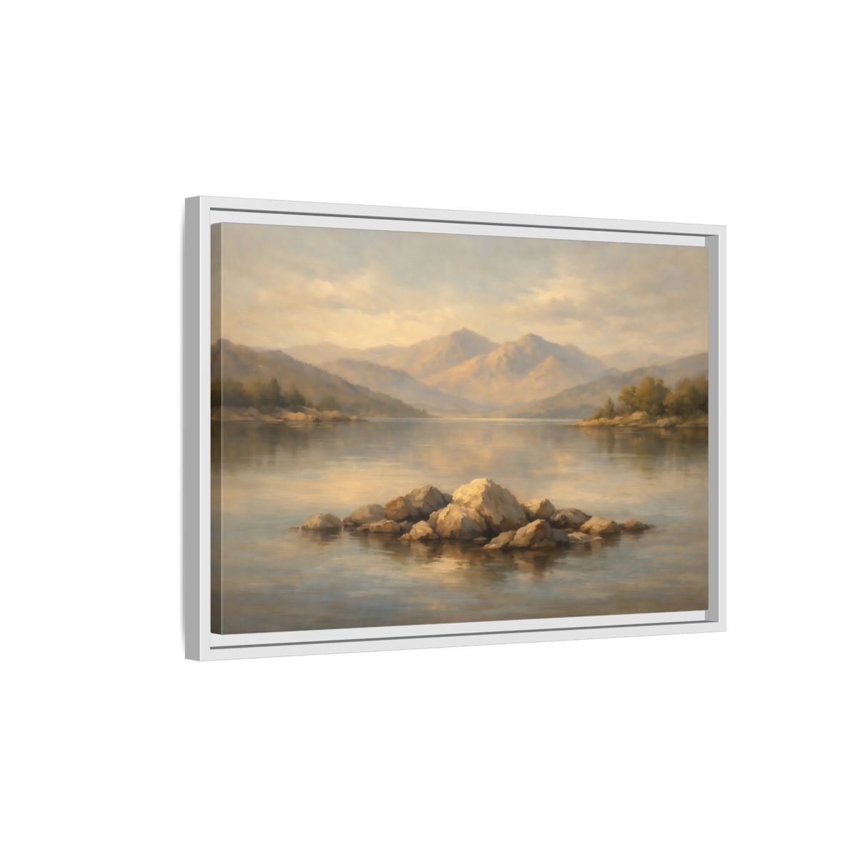 Side Mockup 1. Nature Lake Rocks Muted Landscape shown as stretched canvas wall art